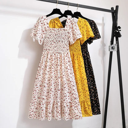 Vestido de gasa de primavera y verano para mujer, vestidos por debajo de la rodilla, manga corta, cintura elástica, estampado Floral, plisado, vestido informal sin espalda