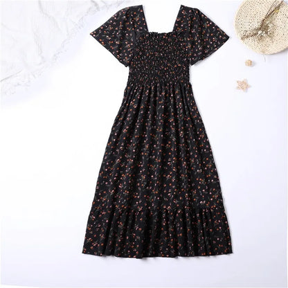 Vestido de gasa de primavera y verano para mujer, vestidos por debajo de la rodilla, manga corta, cintura elástica, estampado Floral, plisado, vestido informal sin espalda