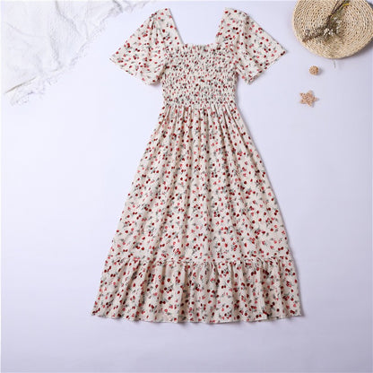 Vestido de gasa de primavera y verano para mujer, vestidos por debajo de la rodilla, manga corta, cintura elástica, estampado Floral, plisado, vestido informal sin espalda