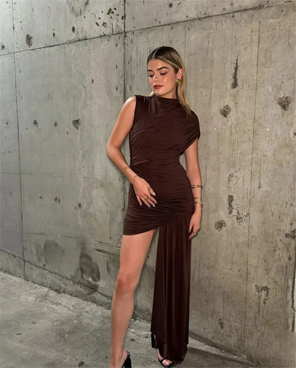 Mozision-minivestido Sexy fruncido drapeado Irregular para mujer, elegante vestido de fiesta plisado de cintura alta sin mangas con cuello alto