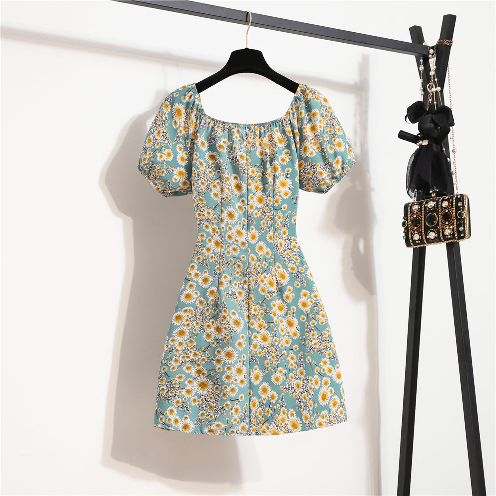 Minivestidos de mujer, moda de verano, Vestidos femeninos con estampado Floral, Vestidos de gasa fruncidos, plisado, manga corta acampanada, vestido informal