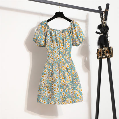 Minivestidos de mujer, moda de verano, Vestidos femeninos con estampado Floral, Vestidos de gasa fruncidos, plisado, manga corta acampanada, vestido informal