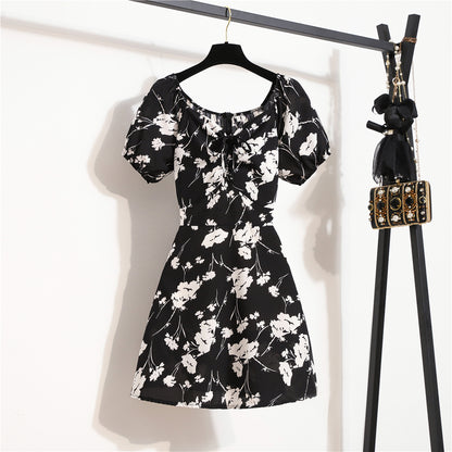 Minivestidos de mujer, moda de verano, Vestidos femeninos con estampado Floral, Vestidos de gasa fruncidos, plisado, manga corta acampanada, vestido informal