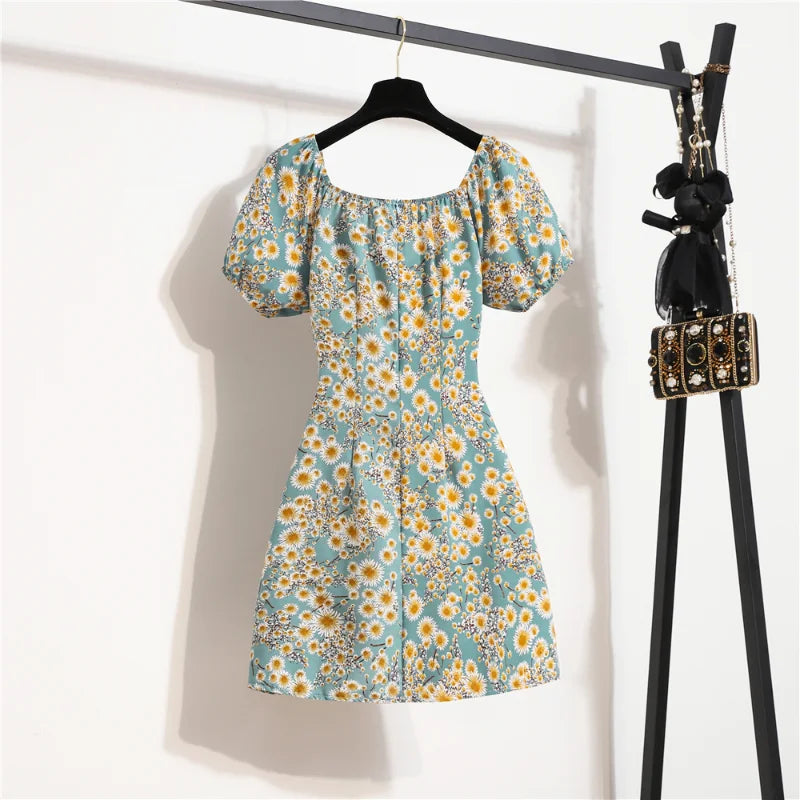 Minivestidos de mujer, moda de verano, Vestidos femeninos con estampado Floral, Vestidos de gasa fruncidos, plisado, manga corta acampanada, vestido informal