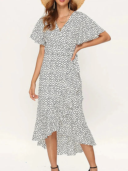 Vestido playero largo sexi con flores para mujer, vestido bohemio de gasa largo con volantes estampado, vestido entallado informal con cuello de pico y abertura de verano