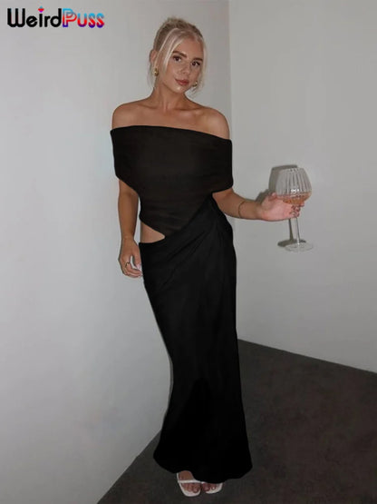 Vestido Irregular fruncido de gato extraño para mujer, vestido de malla de retales con cuello oblicuo, manga corta, ajustado, elástico, tendencia, trajes largos elegantes