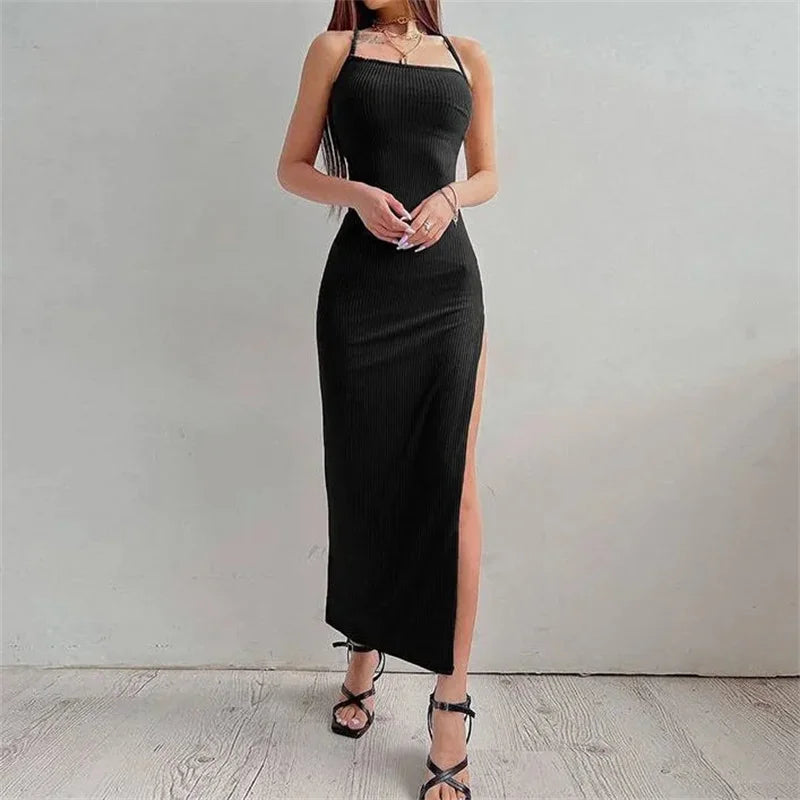 Vestido ceñido largo negro sexi para mujer, Vestidos de verano sin mangas con cuello Halter y tirantes finos, Vestidos con abertura alta