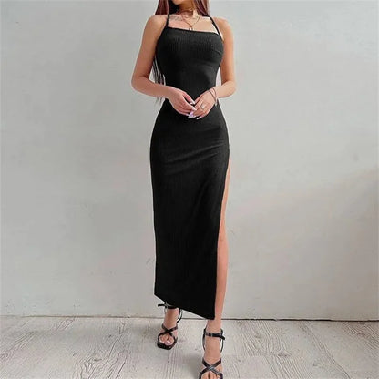Vestido ceñido largo negro sexi para mujer, Vestidos de verano sin mangas con cuello Halter y tirantes finos, Vestidos con abertura alta
