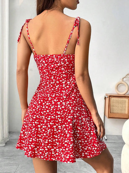 Vestido de tirantes finos con estampado floral, vestido elegante de tirantes atados con pliegues y espalda descubierta estilo de vacaciones para primavera y verano, C para mujer
