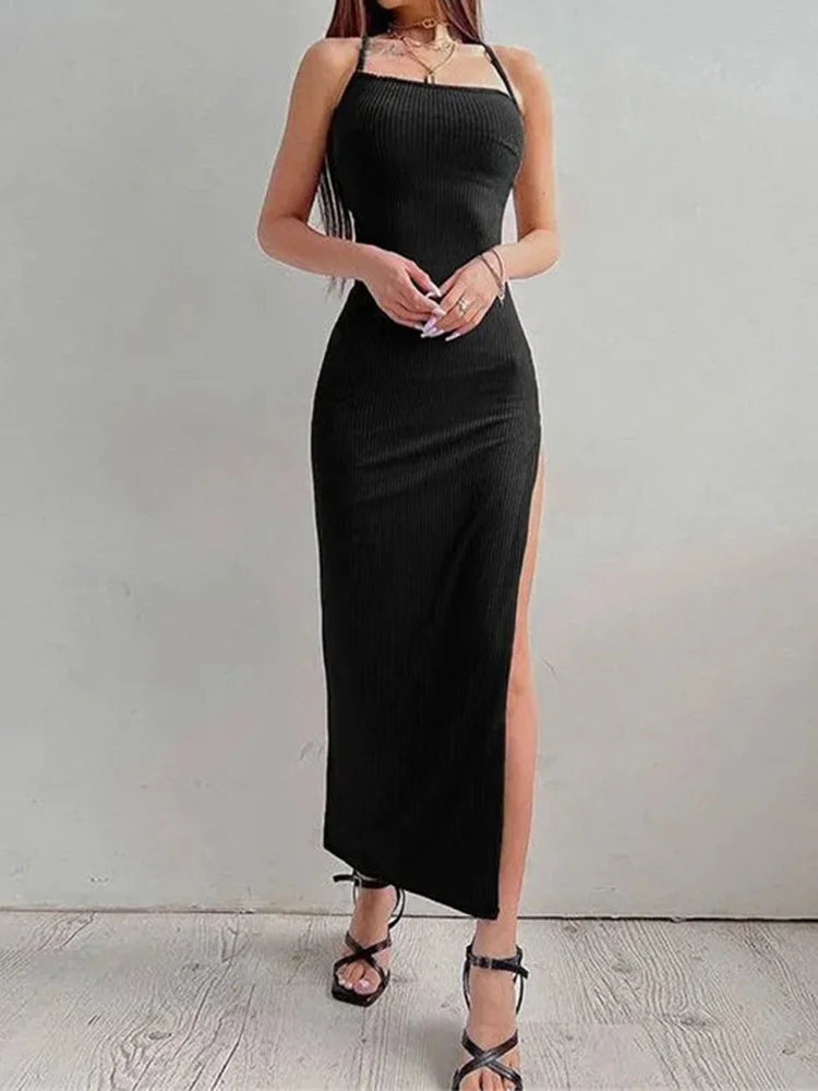 Vestido ceñido largo negro sexi para mujer, Vestidos de verano sin mangas con cuello Halter y tirantes finos, Vestidos con abertura alta