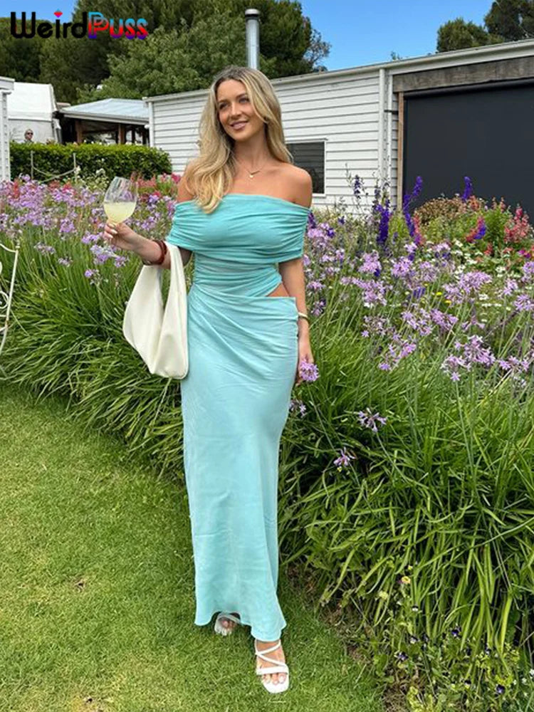 Vestido Irregular fruncido de gato extraño para mujer, vestido de malla de retales con cuello oblicuo, manga corta, ajustado, elástico, tendencia, trajes largos elegantes