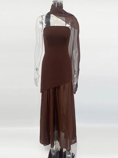 TARUXY moda vestido sin tirantes con cinta mujer elegante sin mangas malla playa vacaciones vestido largo 2025 primavera nuevo vestido de mujer