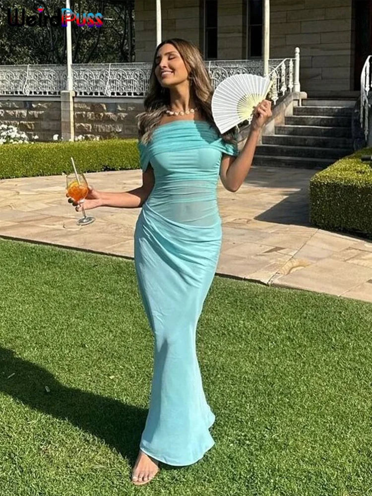 Vestido Irregular fruncido de gato extraño para mujer, vestido de malla de retales con cuello oblicuo, manga corta, ajustado, elástico, tendencia, trajes largos elegantes