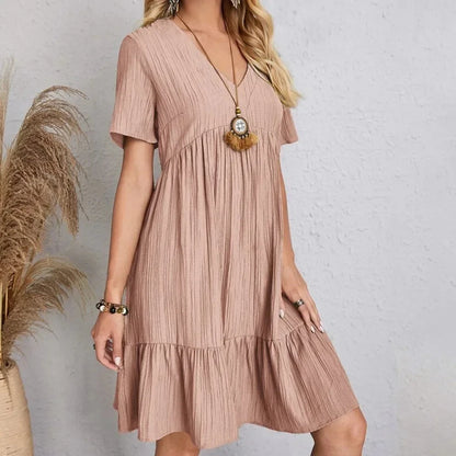 Vestidos de verano para mujer, vestidos de primavera con cuello en V, manga corta, cintura suelta, volantes, acampanados, vestidos de vocación