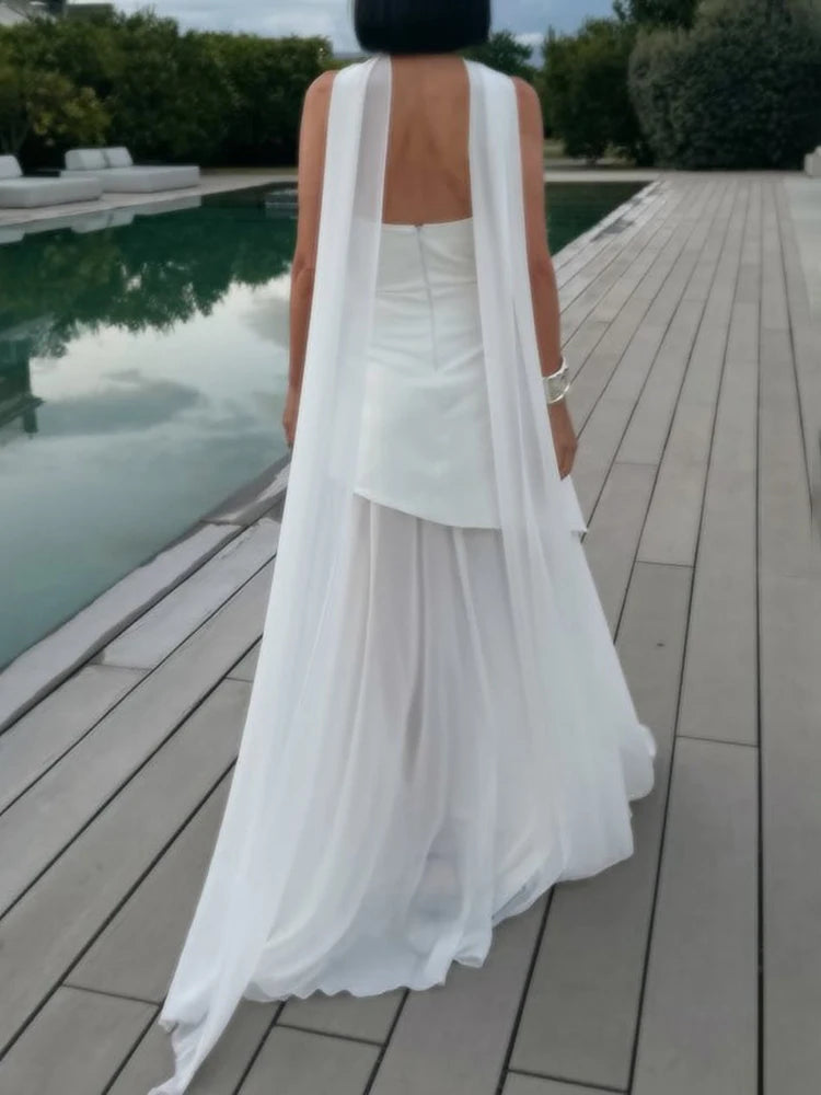 TARUXY moda vestido sin tirantes con cinta mujer elegante sin mangas malla playa vacaciones vestido largo 2025 primavera nuevo vestido de mujer