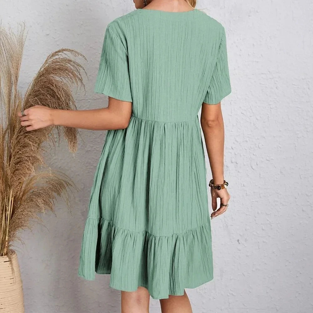 Vestidos de verano para mujer, vestidos de primavera con cuello en V, manga corta, cintura suelta, volantes, acampanados, vestidos de vocación