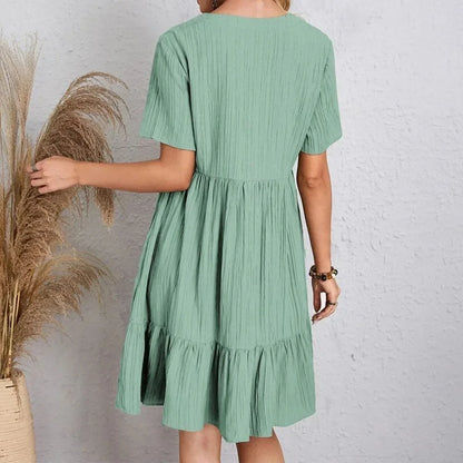 Vestidos de verano para mujer, vestidos de primavera con cuello en V, manga corta, cintura suelta, volantes, acampanados, vestidos de vocación