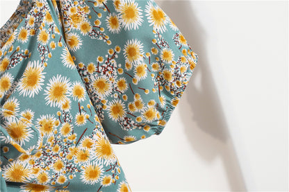Minivestidos de mujer, moda de verano, Vestidos femeninos con estampado Floral, Vestidos de gasa fruncidos, plisado, manga corta acampanada, vestido informal