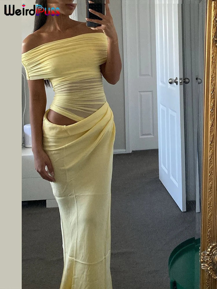 Vestido Irregular fruncido de gato extraño para mujer, vestido de malla de retales con cuello oblicuo, manga corta, ajustado, elástico, tendencia, trajes largos elegantes