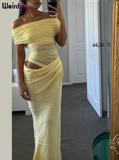 Vestido Irregular fruncido de gato extraño para mujer, vestido de malla de retales con cuello oblicuo, manga corta, ajustado, elástico, tendencia, trajes largos elegantes