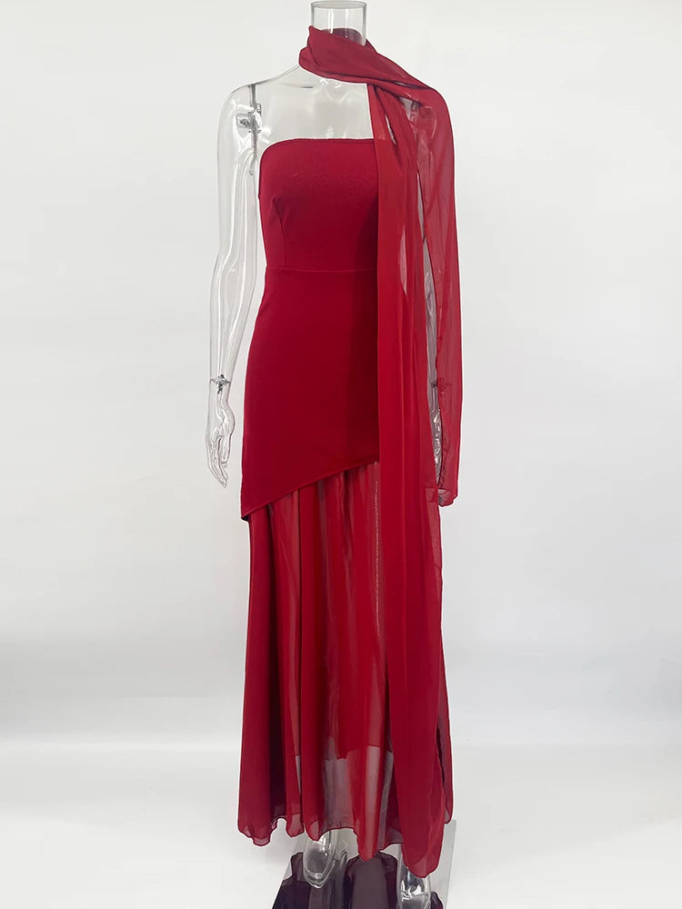 TARUXY moda vestido sin tirantes con cinta mujer elegante sin mangas malla playa vacaciones vestido largo 2025 primavera nuevo vestido de mujer