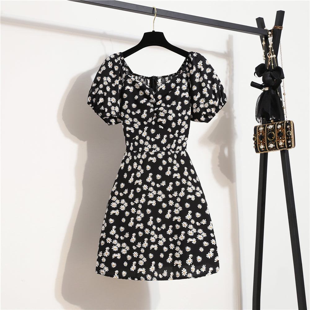 Minivestidos de mujer, moda de verano, Vestidos femeninos con estampado Floral, Vestidos de gasa fruncidos, plisado, manga corta acampanada, vestido informal