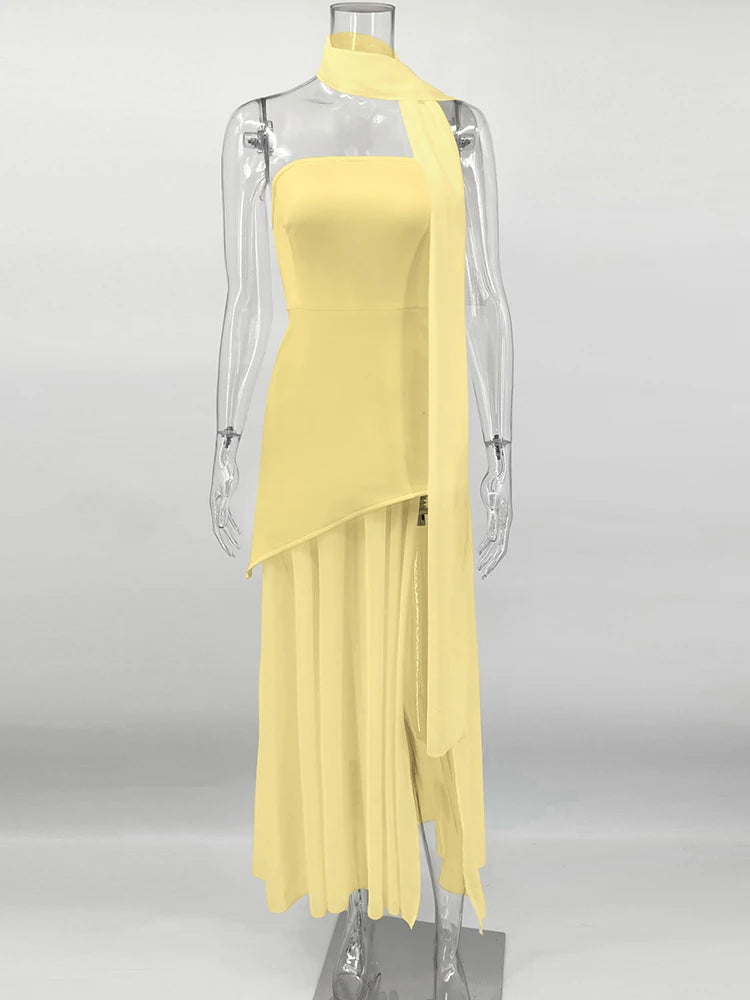 TARUXY moda vestido sin tirantes con cinta mujer elegante sin mangas malla playa vacaciones vestido largo 2025 primavera nuevo vestido de mujer