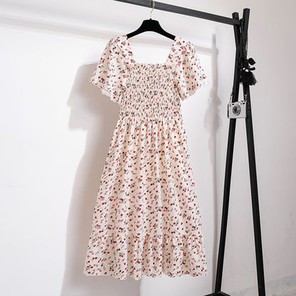 Vestido de gasa de primavera y verano para mujer, vestidos por debajo de la rodilla, manga corta, cintura elástica, estampado Floral, plisado, vestido informal sin espalda