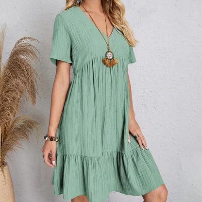 Vestidos de verano para mujer, vestidos de primavera con cuello en V, manga corta, cintura suelta, volantes, acampanados, vestidos de vocación