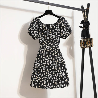 Minivestidos de mujer, moda de verano, Vestidos femeninos con estampado Floral, Vestidos de gasa fruncidos, plisado, manga corta acampanada, vestido informal
