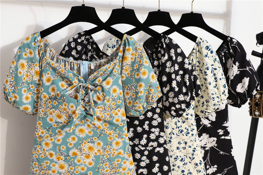 Minivestidos de mujer, moda de verano, Vestidos femeninos con estampado Floral, Vestidos de gasa fruncidos, plisado, manga corta acampanada, vestido informal