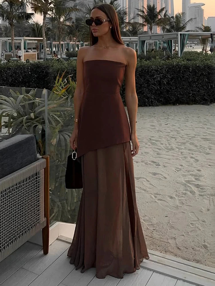 TARUXY moda vestido sin tirantes con cinta mujer elegante sin mangas malla playa vacaciones vestido largo 2025 primavera nuevo vestido de mujer