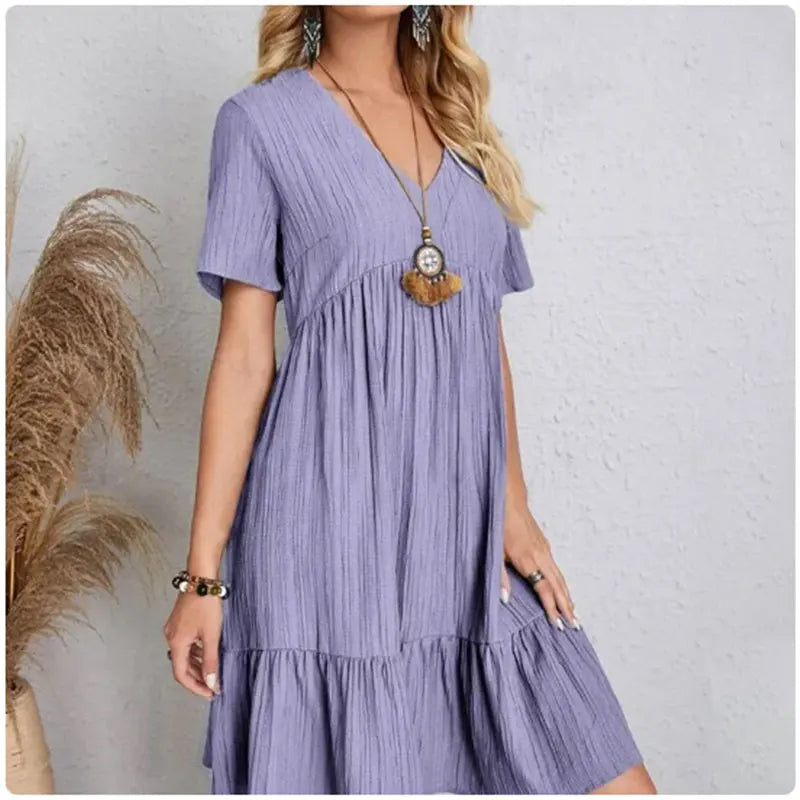 Vestidos de verano para mujer, vestidos de primavera con cuello en V, manga corta, cintura suelta, volantes, acampanados, vestidos de vocación