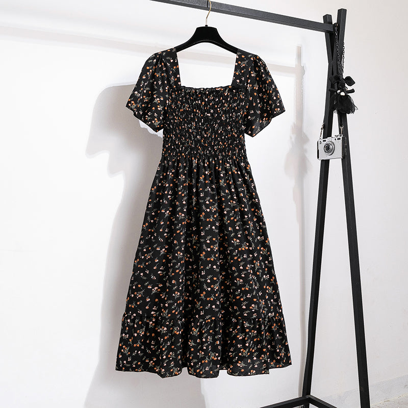 Vestido de gasa de primavera y verano para mujer, vestidos por debajo de la rodilla, manga corta, cintura elástica, estampado Floral, plisado, vestido informal sin espalda