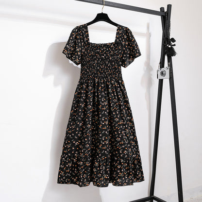 Vestido de gasa de primavera y verano para mujer, vestidos por debajo de la rodilla, manga corta, cintura elástica, estampado Floral, plisado, vestido informal sin espalda