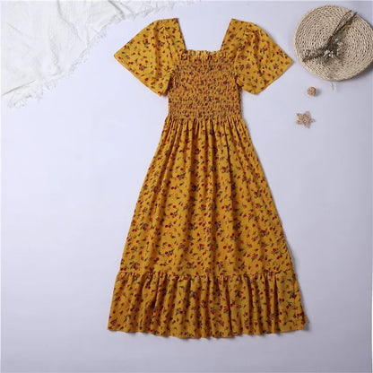 Vestido de gasa de primavera y verano para mujer, vestidos por debajo de la rodilla, manga corta, cintura elástica, estampado Floral, plisado, vestido informal sin espalda