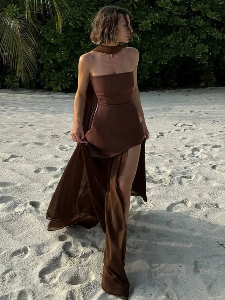 TARUXY moda vestido sin tirantes con cinta mujer elegante sin mangas malla playa vacaciones vestido largo 2025 primavera nuevo vestido de mujer