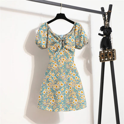 Minivestidos de mujer, moda de verano, Vestidos femeninos con estampado Floral, Vestidos de gasa fruncidos, plisado, manga corta acampanada, vestido informal