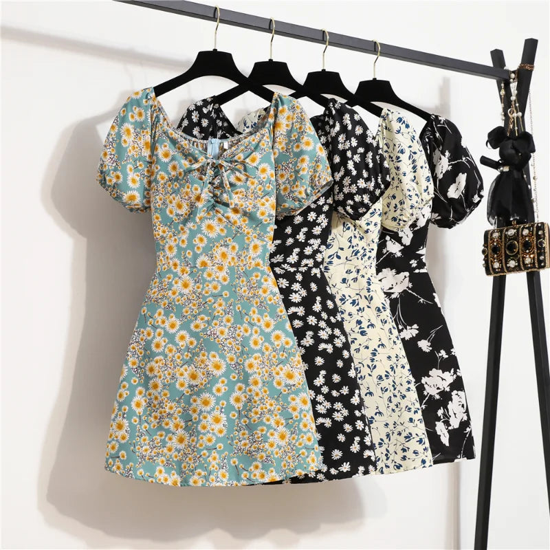 Minivestidos de mujer, moda de verano, Vestidos femeninos con estampado Floral, Vestidos de gasa fruncidos, plisado, manga corta acampanada, vestido informal