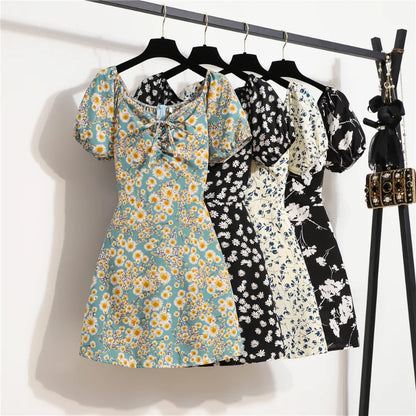 Minivestidos de mujer, moda de verano, Vestidos femeninos con estampado Floral, Vestidos de gasa fruncidos, plisado, manga corta acampanada, vestido informal