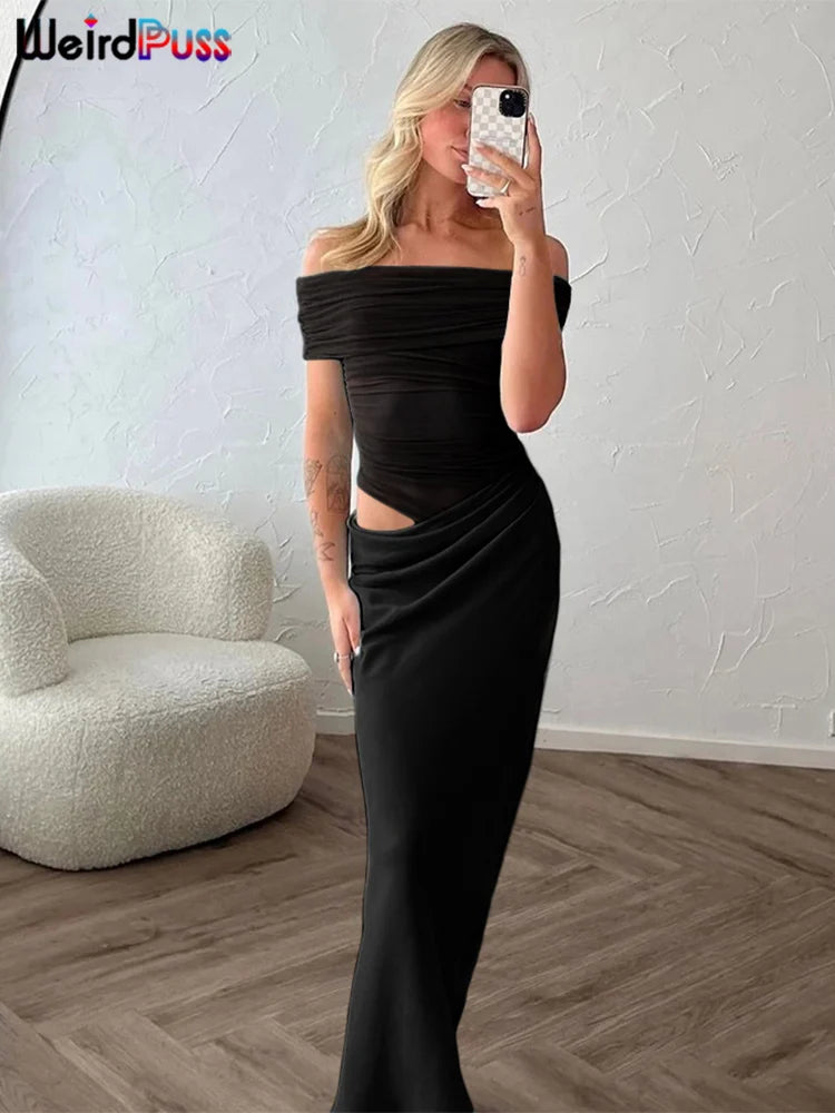 Vestido Irregular fruncido de gato extraño para mujer, vestido de malla de retales con cuello oblicuo, manga corta, ajustado, elástico, tendencia, trajes largos elegantes