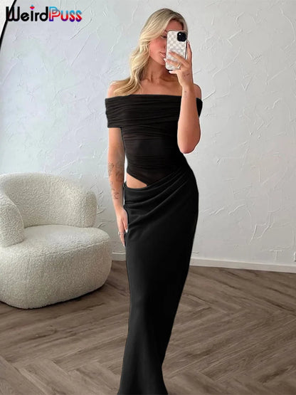 Vestido Irregular fruncido de gato extraño para mujer, vestido de malla de retales con cuello oblicuo, manga corta, ajustado, elástico, tendencia, trajes largos elegantes
