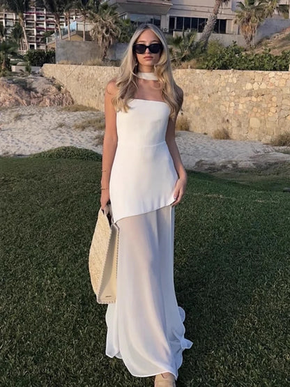 TARUXY moda vestido sin tirantes con cinta mujer elegante sin mangas malla playa vacaciones vestido largo 2025 primavera nuevo vestido de mujer