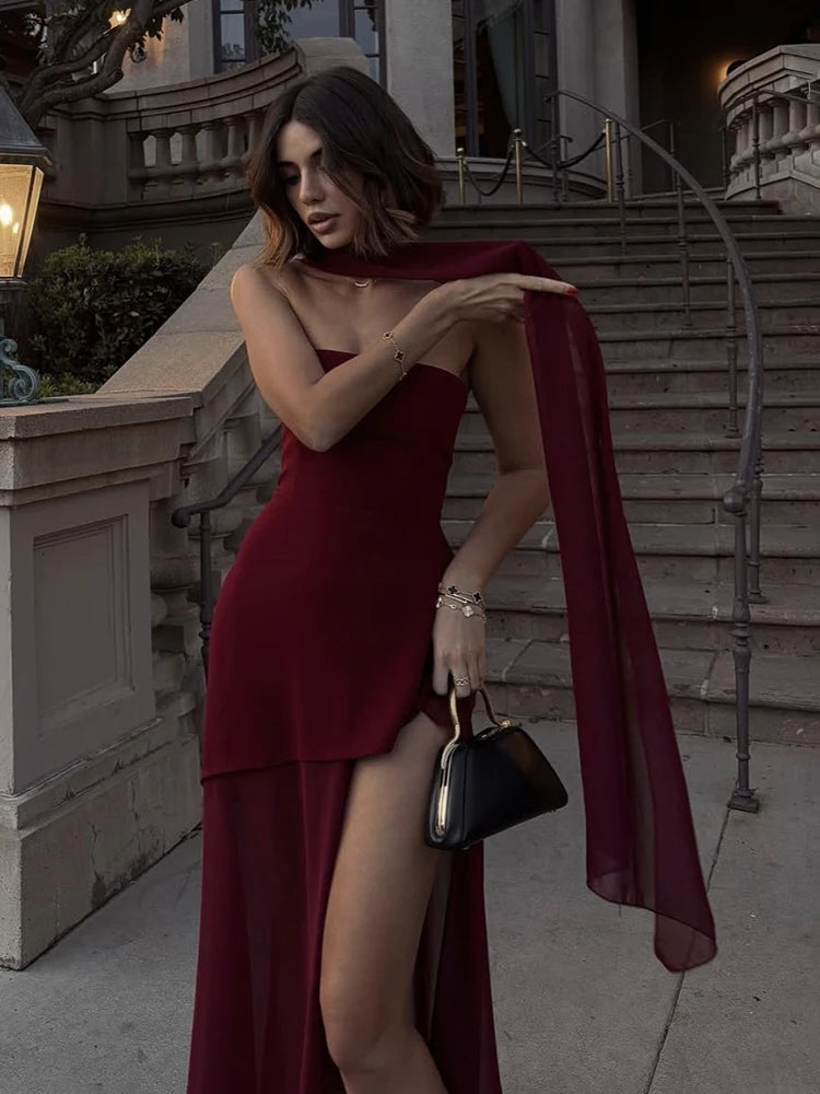 TARUXY moda vestido sin tirantes con cinta mujer elegante sin mangas malla playa vacaciones vestido largo 2025 primavera nuevo vestido de mujer