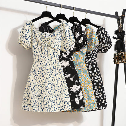 Minivestidos de mujer, moda de verano, Vestidos femeninos con estampado Floral, Vestidos de gasa fruncidos, plisado, manga corta acampanada, vestido informal