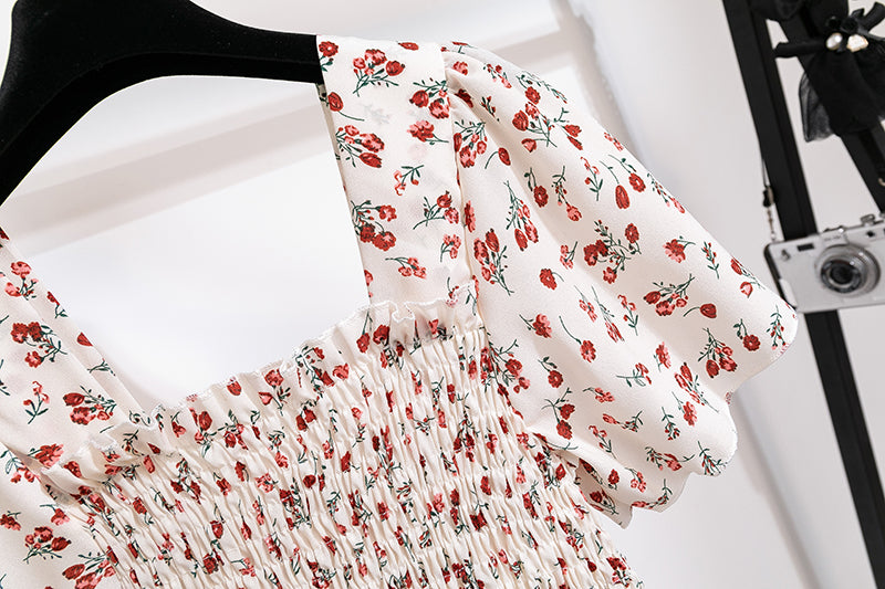 Vestido de gasa de primavera y verano para mujer, vestidos por debajo de la rodilla, manga corta, cintura elástica, estampado Floral, plisado, vestido informal sin espalda